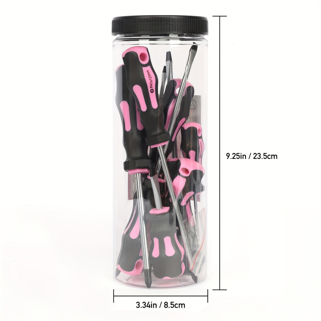 [Magnetic Screwdrivers] 5 Cross & 5 Slotted Professional Magnetic Screwdrivers, 1 Set | Buffer Handle And Two Key Screwdrivers (Pink)