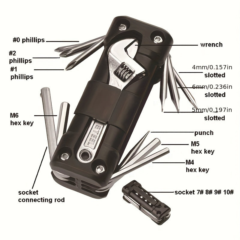 1pc 16-in-1 Multi-Purpose Tool Kit, Heavy-Duty Steel Portable Repair Set for Vehicle, Outdoor Cycling, and Motorcycle Maintenance - Includes Screwdrivers, Wrenches, Pliers, Hex Keys, Torx & Phillips Drivers, Uncharged Power Mode, No Battery Required