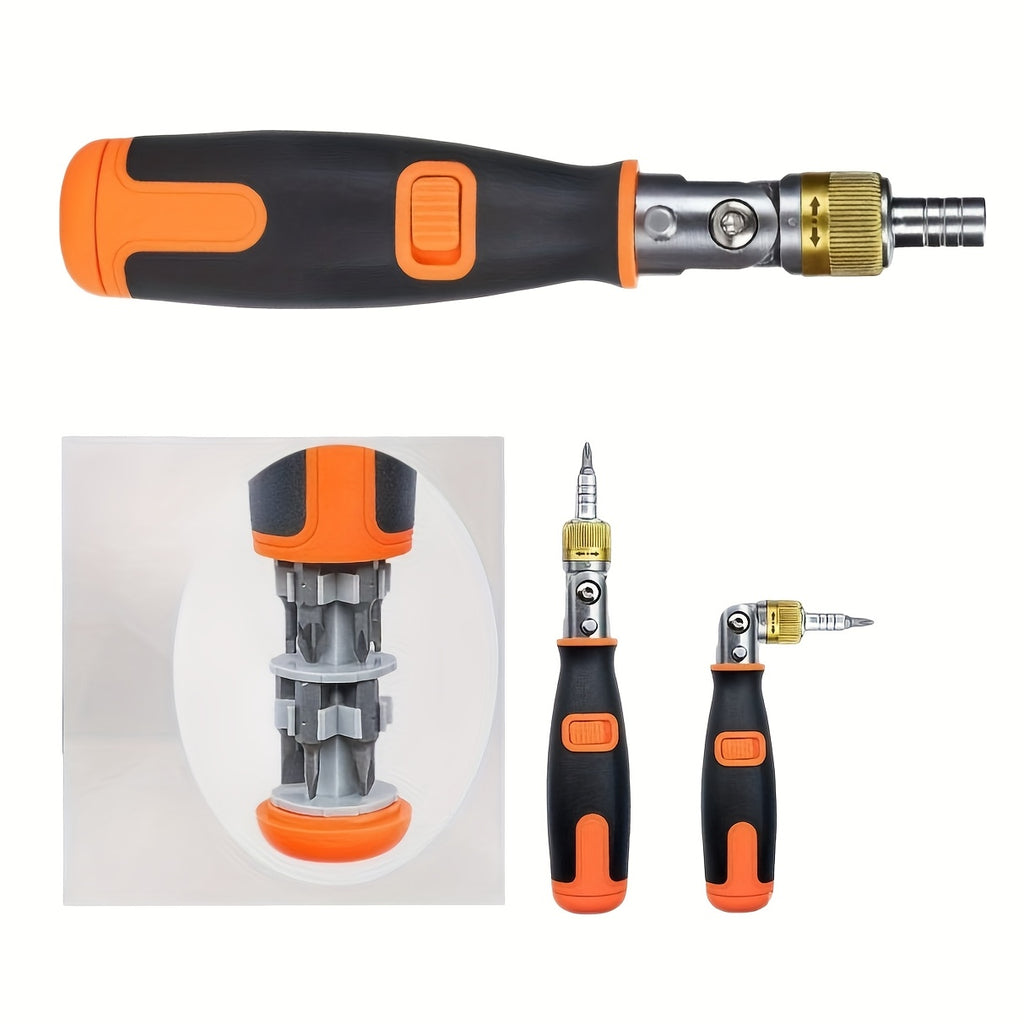 10pcs Multi-Angle Two-Way Ratchet Screwdriver Set with Hidden Bits - Ergonomic Black & Orange Handle, Space-Saving Compact Design for Tight Spaces, Secure Grip & Quick Tool Change, Screwdriver Set, Tight Space Access, Durable Construction