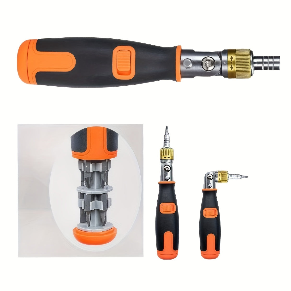10pcs Multi-Angle Two-Way Ratchet Screwdriver Set with Hidden Bits - Ergonomic Black & Orange Handle, Space-Saving Compact Design for Tight Spaces, Secure Grip & Quick Tool Change, Screwdriver Set, Tight Space Access, Durable Construction