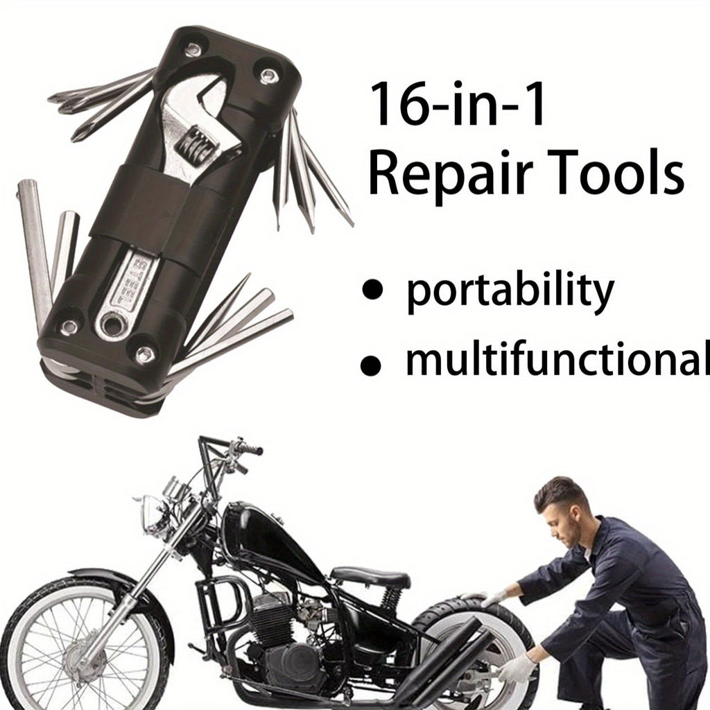 1pc 16-in-1 Multi-Purpose Tool Kit, Heavy-Duty Steel Portable Repair Set for Vehicle, Outdoor Cycling, and Motorcycle Maintenance - Includes Screwdrivers, Wrenches, Pliers, Hex Keys, Torx & Phillips Drivers, Uncharged Power Mode, No Battery Required
