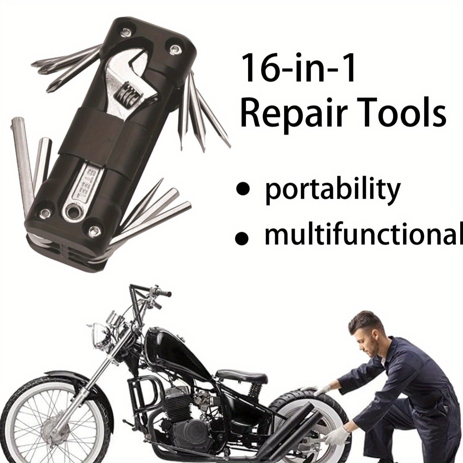 1pc 16-in-1 Multi-Purpose Tool Kit, Heavy-Duty Steel Portable Repair Set for Vehicle, Outdoor Cycling, and Motorcycle Maintenance - Includes Screwdrivers, Wrenches, Pliers, Hex Keys, Torx & Phillips Drivers, Uncharged Power Mode, No Battery Required