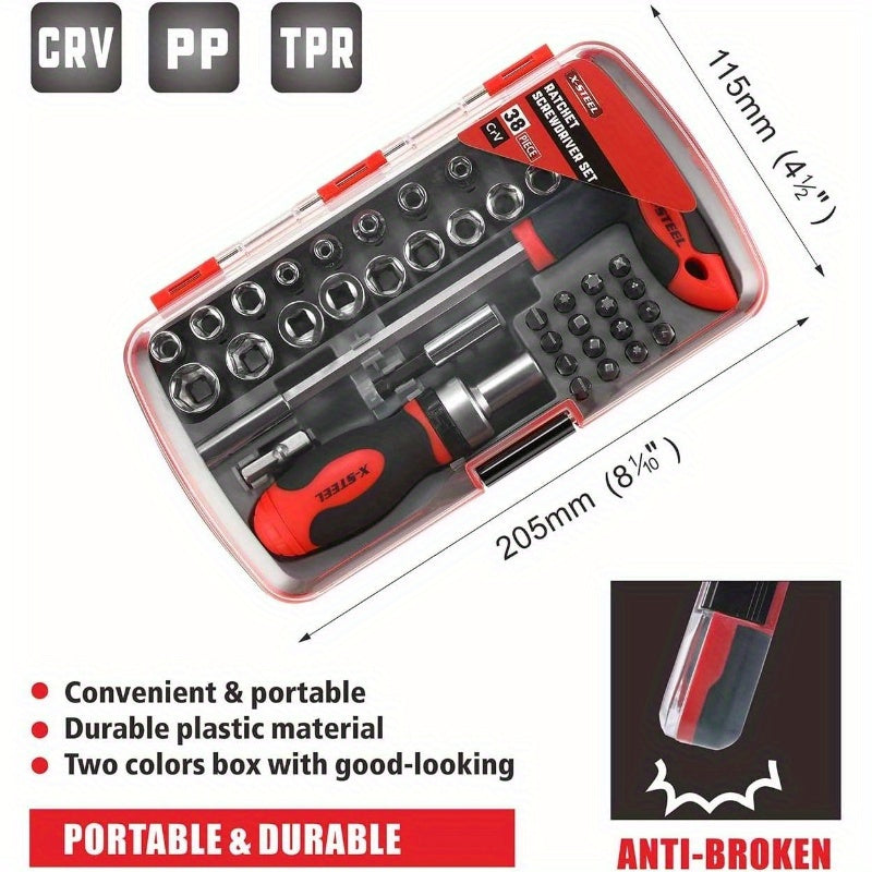 38pcs Heavy-Duty Magnetic Ratcheting Screwdriver & Socket Set with T-Handle Ratchet, Sockets & Bits - All-in-One Mechanic'S Tool Kit for Home, Car, Motorcycle, Bike Repair - Ergonomic Grip, Durable Construction, Portable Case Included (No Power Required)