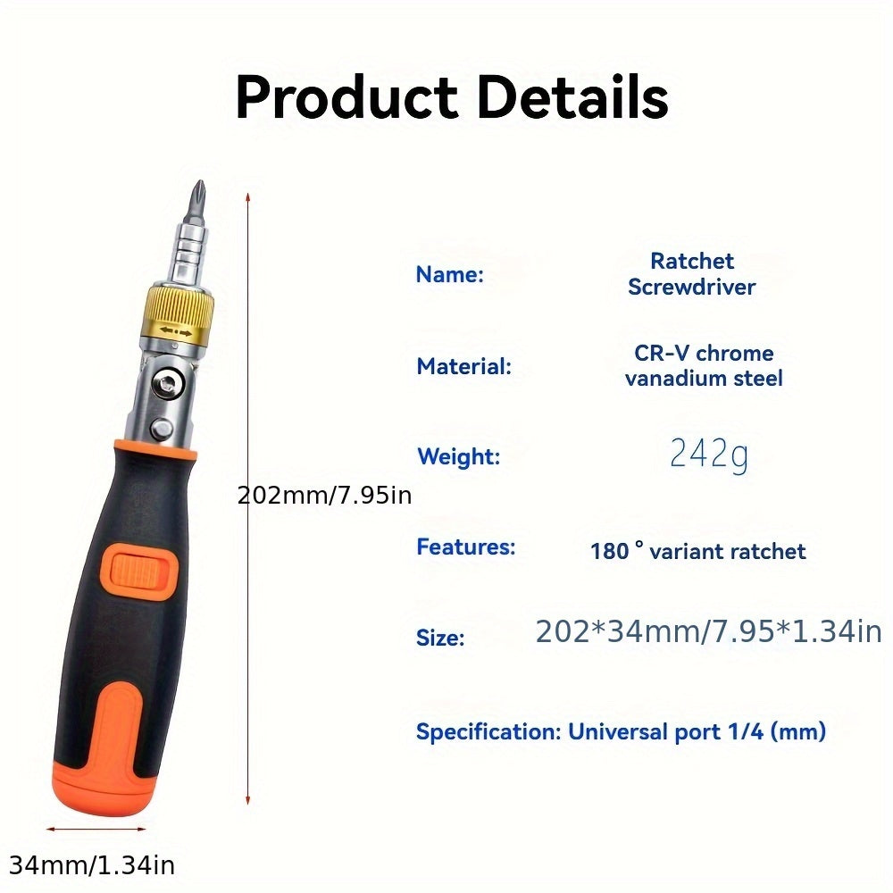 10pcs Multi-Angle Two-Way Ratchet Screwdriver Set with Hidden Bits - Ergonomic Black & Orange Handle, Space-Saving Compact Design for Tight Spaces, Secure Grip & Quick Tool Change, Screwdriver Set, Tight Space Access, Durable Construction