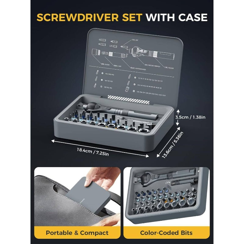 40-in-1 Heavy-Duty Ratchet Screwdriver Set with Magnetic Quick-Release Mechanism, 45-Tooth Ratchet & S2 Steel Construction - 14-Speed/ Torque Settings, Ergonomic Grip, Compact Case with Bit Storage - Ideal for Automotive, Home, Electronics Repair