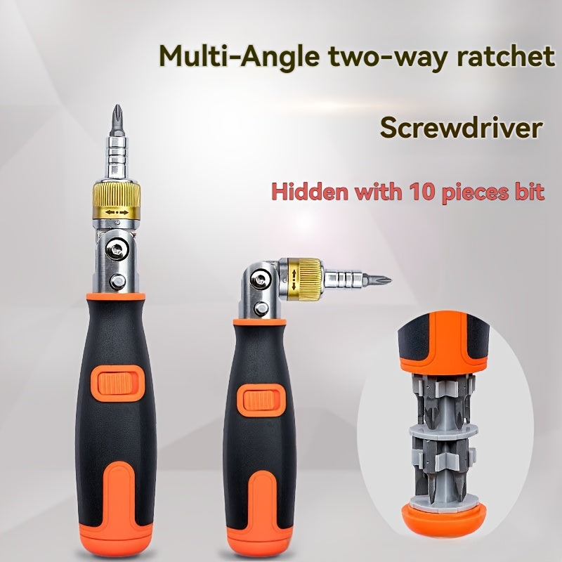 10pcs Multi-Angle Two-Way Ratchet Screwdriver Set with Hidden Bits - Ergonomic Black & Orange Handle, Space-Saving Compact Design for Tight Spaces, Secure Grip & Quick Tool Change, Screwdriver Set, Tight Space Access, Durable Construction