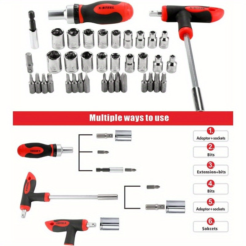 38pcs Heavy-Duty Magnetic Ratcheting Screwdriver & Socket Set with T-Handle Ratchet, Sockets & Bits - All-in-One Mechanic'S Tool Kit for Home, Car, Motorcycle, Bike Repair - Ergonomic Grip, Durable Construction, Portable Case Included (No Power Required)