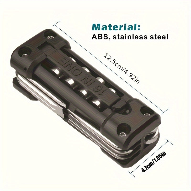 1pc 16-in-1 Multi-Purpose Tool Kit, Heavy-Duty Steel Portable Repair Set for Vehicle, Outdoor Cycling, and Motorcycle Maintenance - Includes Screwdrivers, Wrenches, Pliers, Hex Keys, Torx & Phillips Drivers, Uncharged Power Mode, No Battery Required