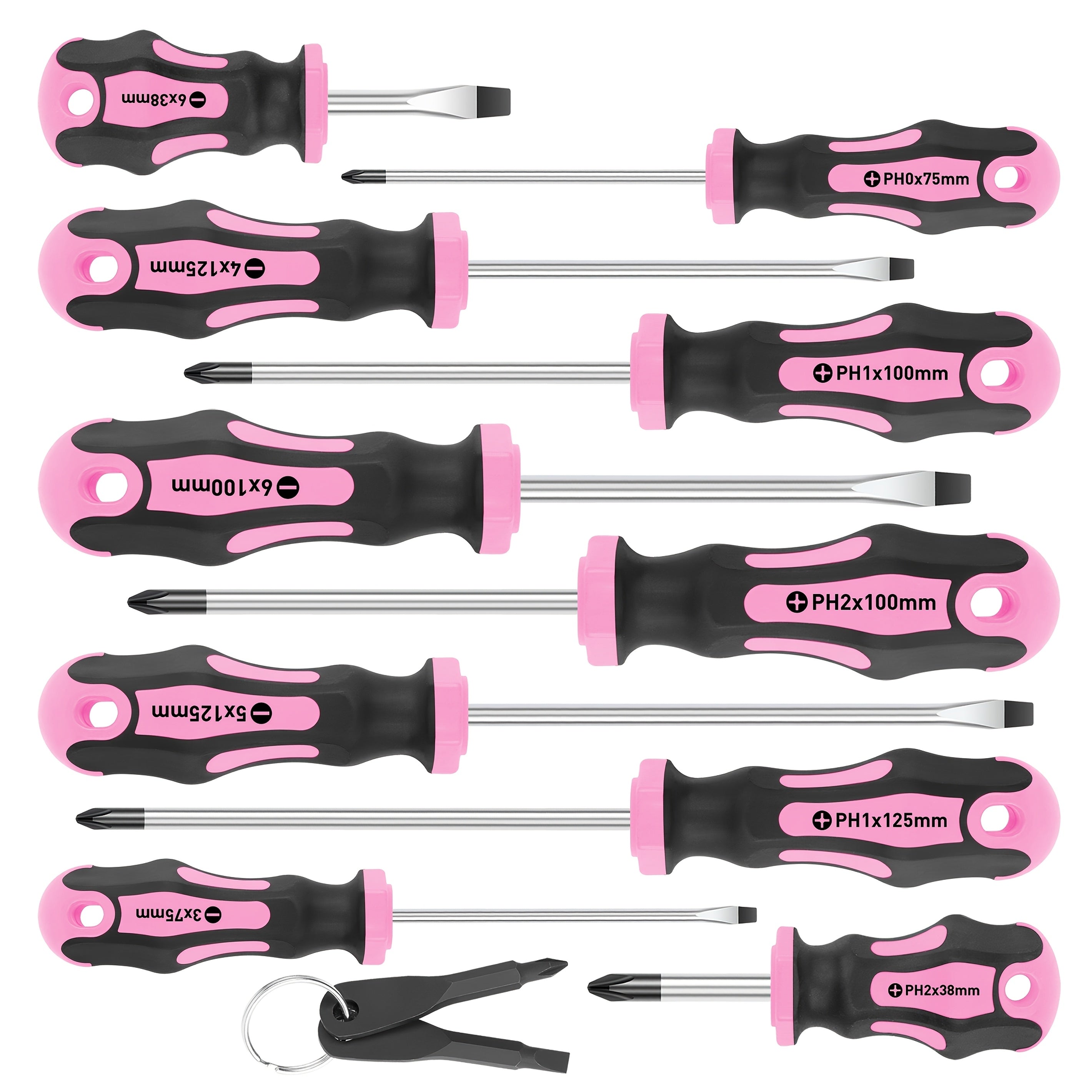 [Magnetic Screwdrivers] 5 Cross & 5 Slotted Professional Magnetic Screwdrivers, 1 Set | Buffer Handle And Two Key Screwdrivers (Pink)