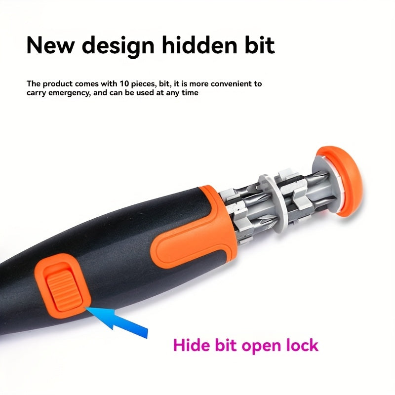 10pcs Multi-Angle Two-Way Ratchet Screwdriver Set with Hidden Bits - Ergonomic Black & Orange Handle, Space-Saving Compact Design for Tight Spaces, Secure Grip & Quick Tool Change, Screwdriver Set, Tight Space Access, Durable Construction