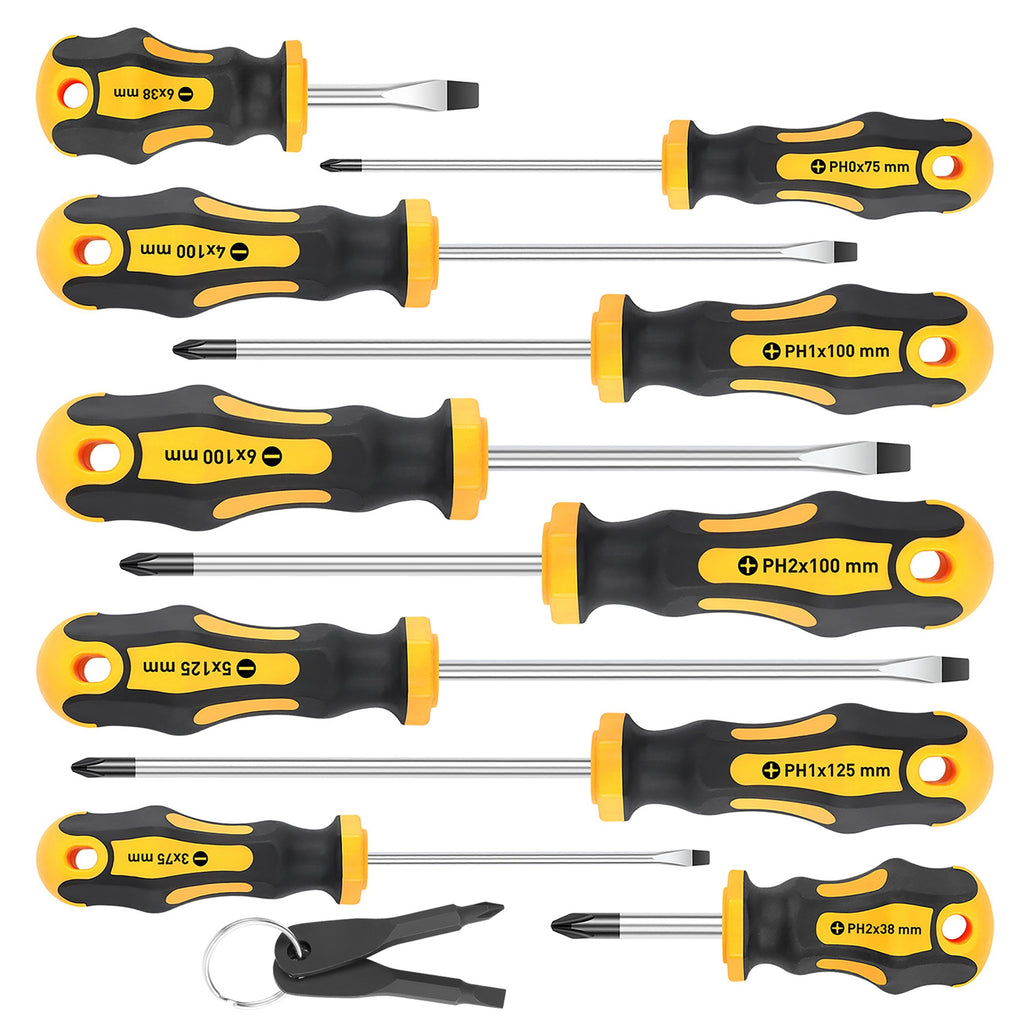 12pcs Professional Magnetic Screwdriver Set with 5 Phillips & 5 Slotted Tips, 2 Key Screwdrivers, Ergonomic Cushion Handle, Durable Steel, Ideal for Electrical, Carpentry, and Manual Work - No Assembly Required, Screwdrivers for Repai