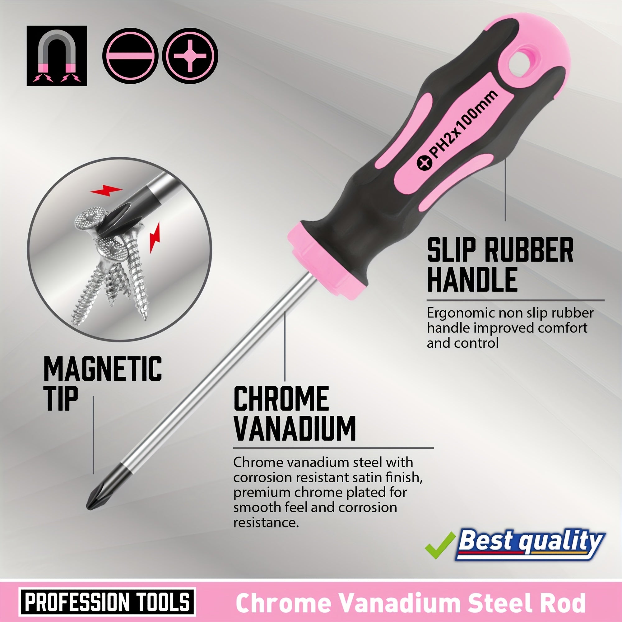 [Magnetic Screwdrivers] 5 Cross & 5 Slotted Professional Magnetic Screwdrivers, 1 Set | Buffer Handle And Two Key Screwdrivers (Pink)