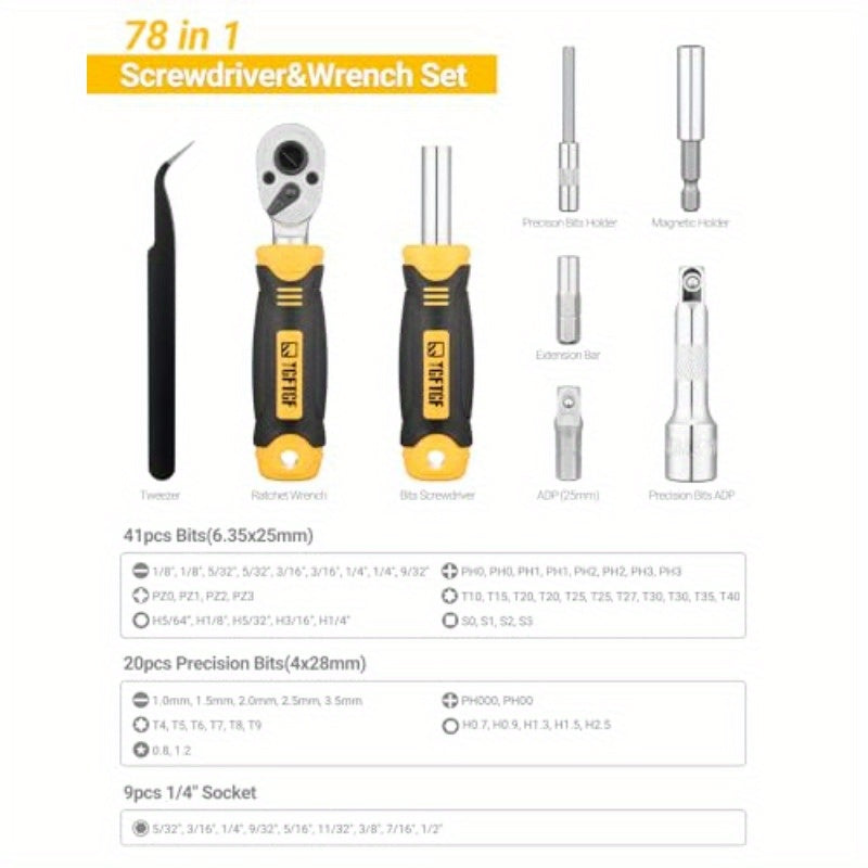 78pcs Heavy-Duty Ratcheting Screwdriver & Socket Wrench Set with Magnetic Tips, Ratchet Mechanism, Double-Layer Case - All-in-One Tool Kit for Automotive, Electronics, Bike, Computer, Home, Professional & DIY Repairs - No Power Required, Durable