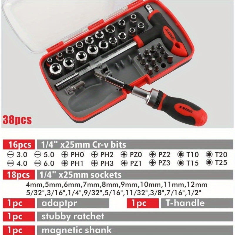 38pcs Heavy-Duty Magnetic Ratcheting Screwdriver & Socket Set with T-Handle Ratchet, Sockets & Bits - All-in-One Mechanic'S Tool Kit for Home, Car, Motorcycle, Bike Repair - Ergonomic Grip, Durable Construction, Portable Case Included (No Power Required)