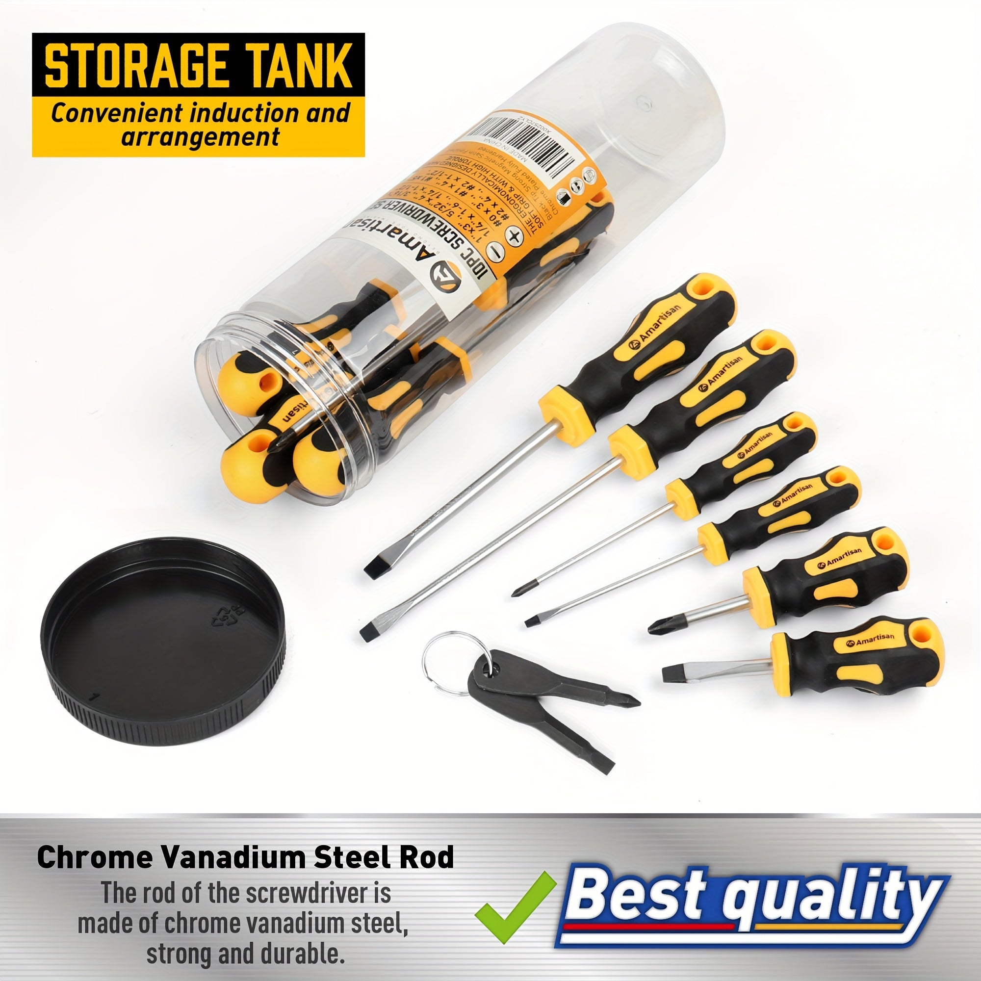12pcs Professional Magnetic Screwdriver Set with 5 Phillips & 5 Slotted Tips, 2 Key Screwdrivers, Ergonomic Cushion Handle, Durable Steel, Ideal for Electrical, Carpentry, and Manual Work - No Assembly Required, Screwdrivers for Repai