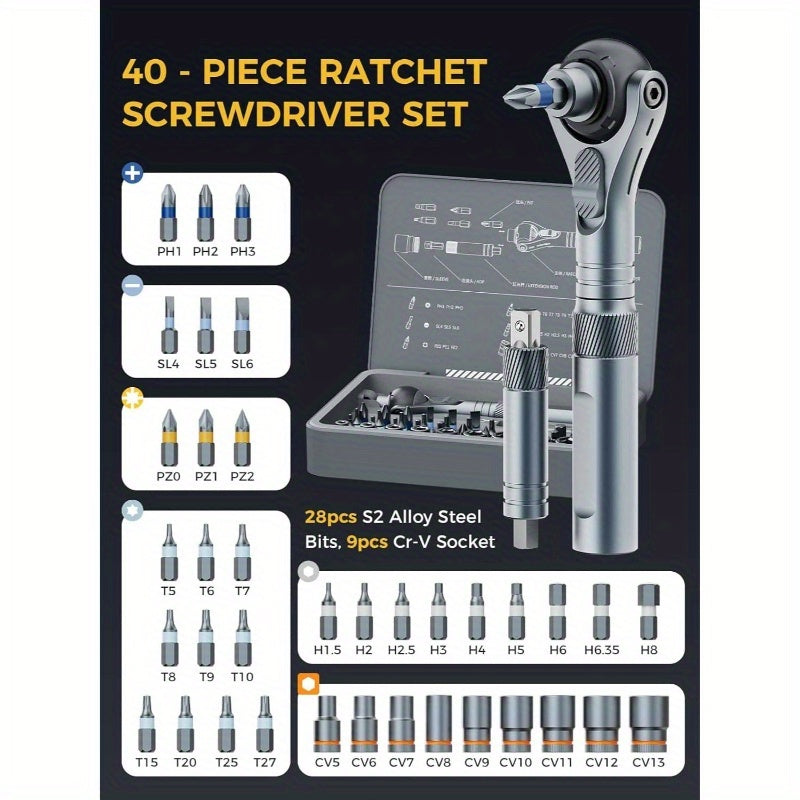 40-in-1 Heavy-Duty Ratchet Screwdriver Set with Magnetic Quick-Release Mechanism, 45-Tooth Ratchet & S2 Steel Construction - 14-Speed/ Torque Settings, Ergonomic Grip, Compact Case with Bit Storage - Ideal for Automotive, Home, Electronics Repair