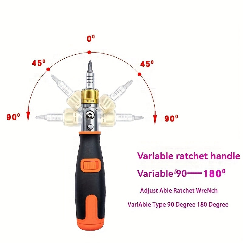 10pcs Multi-Angle Two-Way Ratchet Screwdriver Set with Hidden Bits - Ergonomic Black & Orange Handle, Space-Saving Compact Design for Tight Spaces, Secure Grip & Quick Tool Change, Screwdriver Set, Tight Space Access, Durable Construction