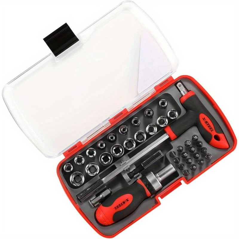 38pcs Heavy-Duty Magnetic Ratcheting Screwdriver & Socket Set with T-Handle Ratchet, Sockets & Bits - All-in-One Mechanic'S Tool Kit for Home, Car, Motorcycle, Bike Repair - Ergonomic Grip, Durable Construction, Portable Case Included (No Power Required)