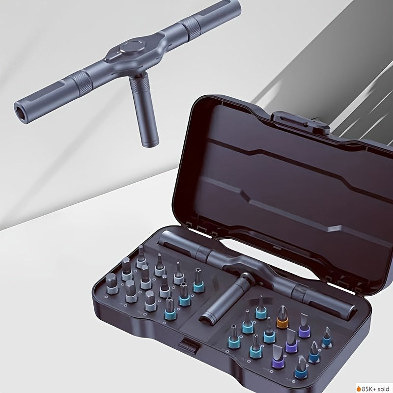 Palm-Sized 24-In-1 Detachable T-Shaped Ratchet Handle, Multifunctional Screwdriver Kit for Home Maintenance Ergonomic Design for Precision Repair & Maintenance, Screwdriver Set, Compact Storage Case, Durable Construction