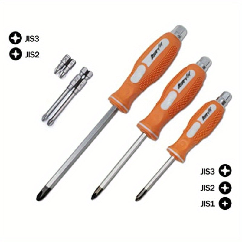 7pcs JIS Japanese Industrial Standard Driver Set with #1 #2 #3 Screwdrivers & Short/Long Bits (1/4" Drive) - Heavy-Duty Chrome Vanadium Steel & S2 Steel Construction, Magnetic Impact-Resistant Bits for Professional Mechanics, DIY, Vintage Machinery &